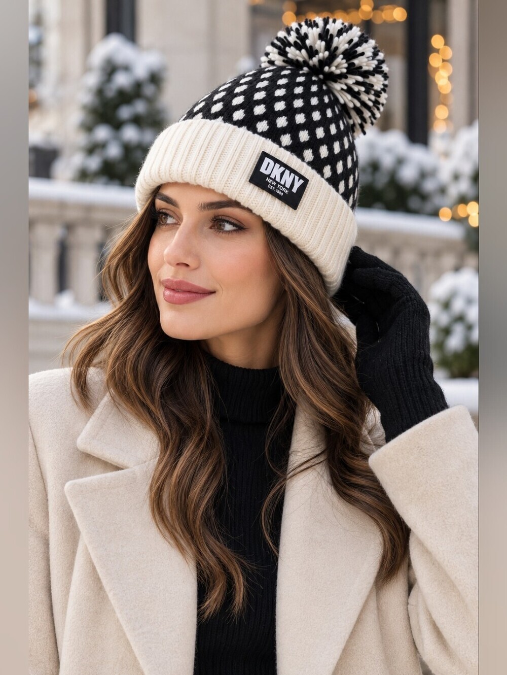 DKNY Black & Cream Pom-Pom Beanie